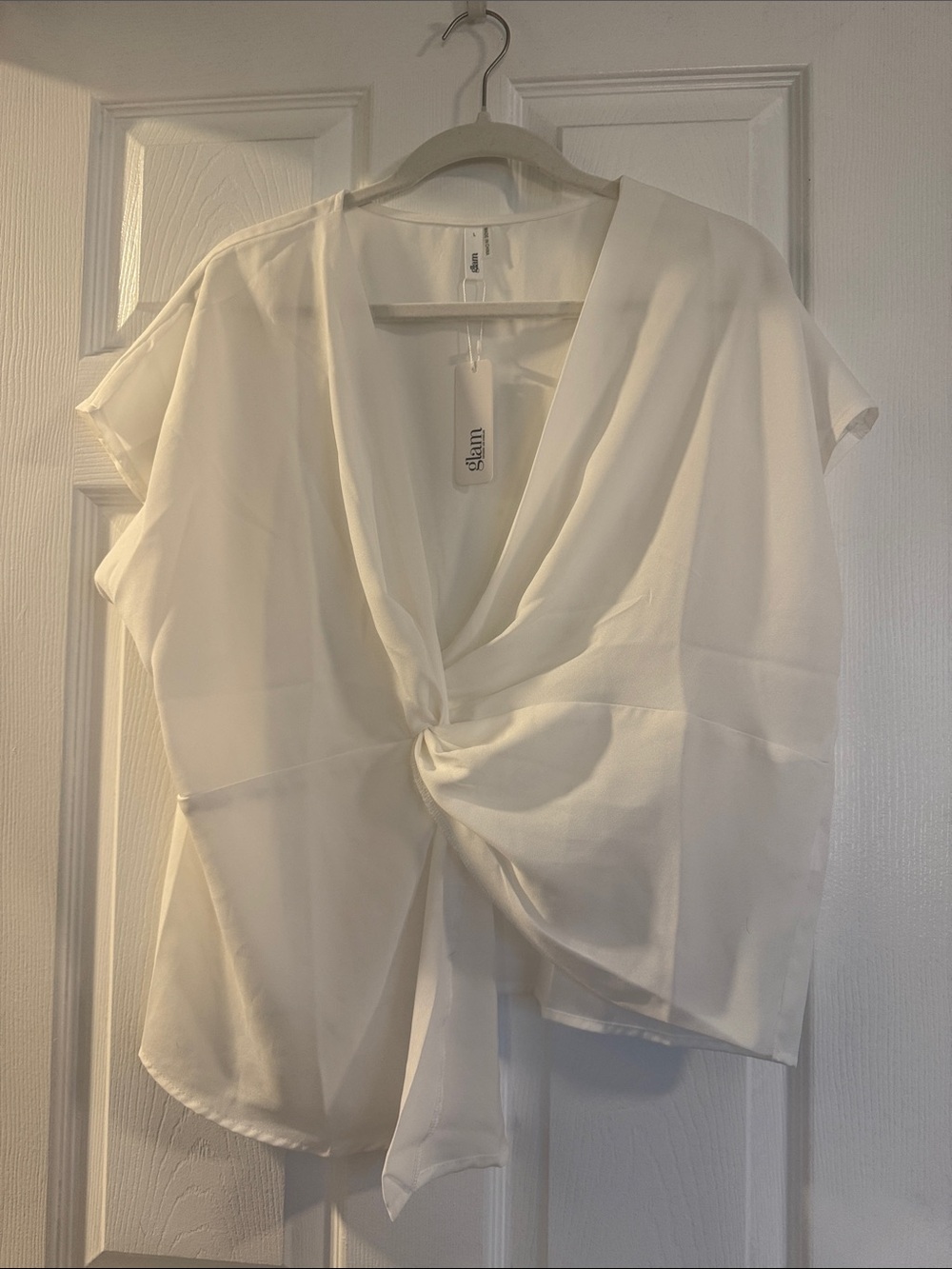 glam Cream Twist-Front V-Neck Blouse